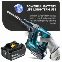 Makita 6Ah battery pack with tool, black and blue, close-up