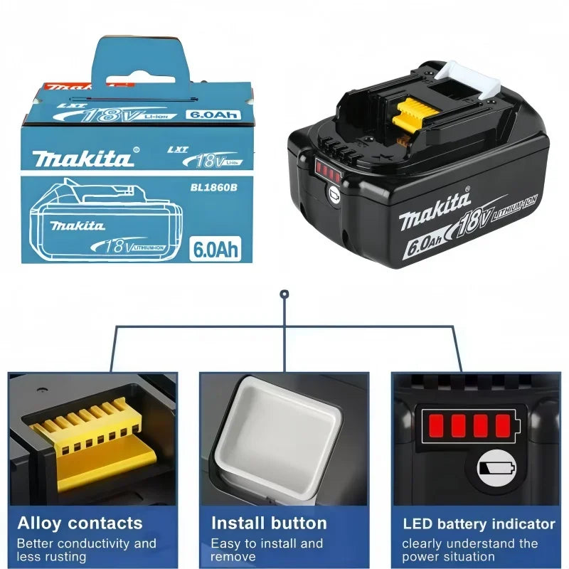 Makita 6Ah battery pack packaging, blue and black, front view
