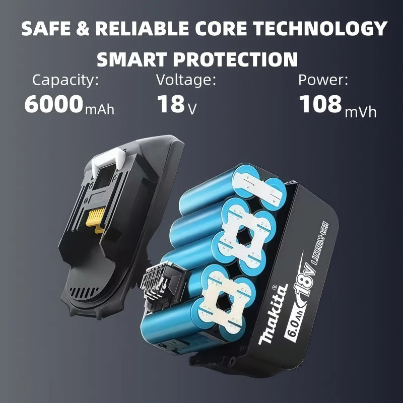 Makita 6Ah battery pack detail, black and blue, smart protection