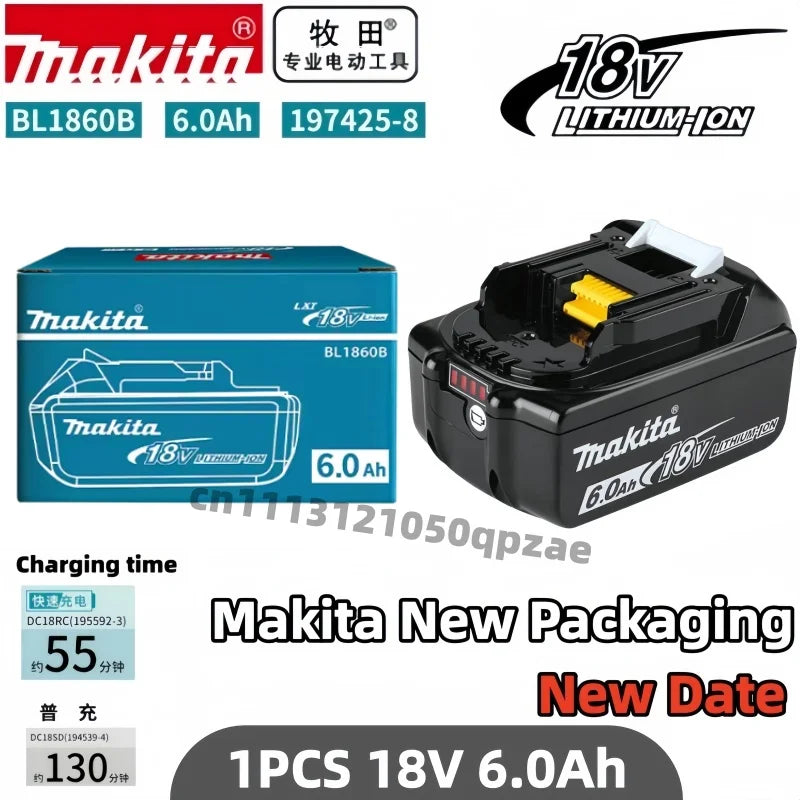 Makita 6Ah battery charger, black and blue packaging front view