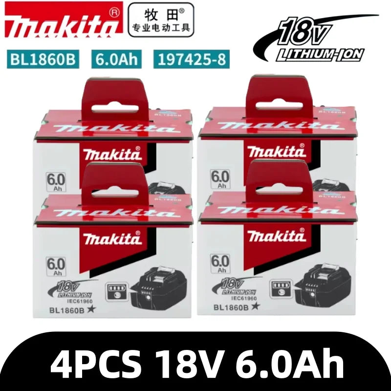 Makita 6Ah battery pack, black and red four-pack front view packaging