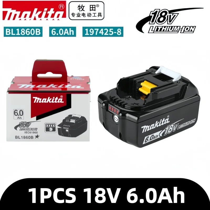 Makita 18V 6.0Ah battery pack, black and red front view packaging