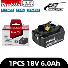 Makita 18V 6.0Ah battery pack, black and red front view packaging