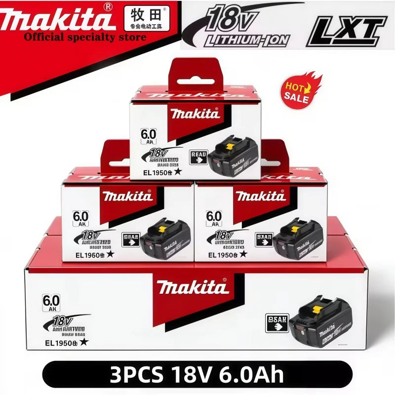 Makita 6Ah battery pack packaging, black and red, front view