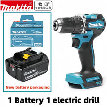 Makita electric drill kit packaging, blue and black with one battery