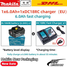 Makita DC18RC charger packaging, black and blue with fast charging
