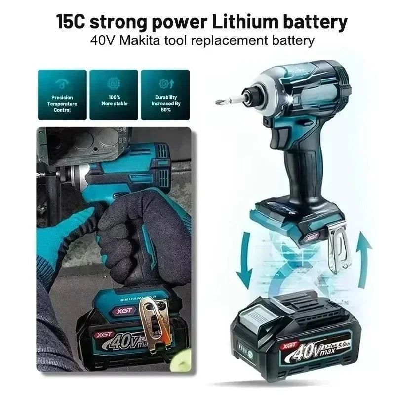 Makita 40V XGT battery impact wrench close-up, black and blue strong power