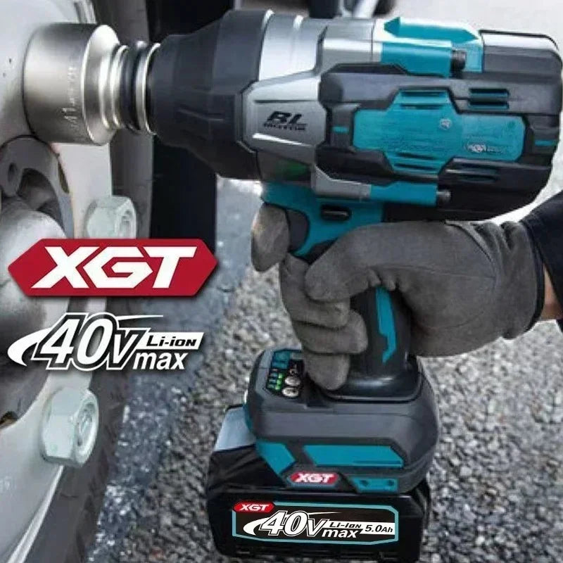 Makita 40V XGT battery impact wrench detail, black and blue with ergonomic grip