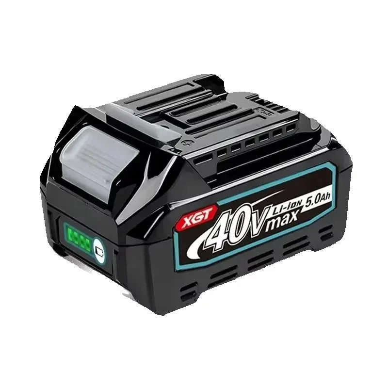 Makita 40V XGT battery pack side view, black and green with LED display