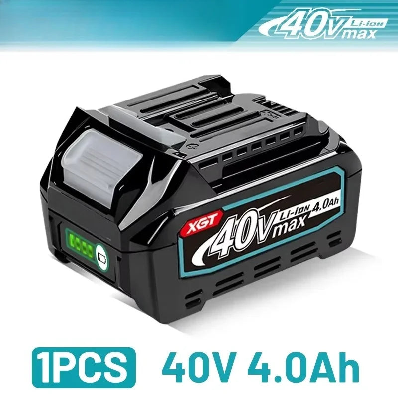 Makita 40V XGT battery packaging, compact black and blue box on solid background