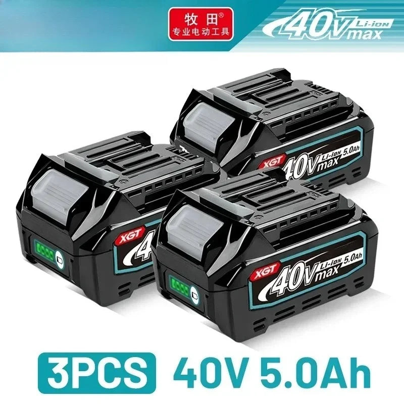 Makita 40V XGT battery packaging, three 40V 5.0Ah batteries in black and green