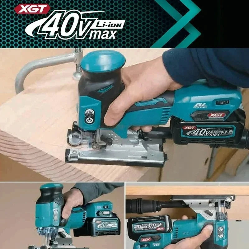 Makita 40V XGT battery lifestyle shot, saw using blue and black power tool