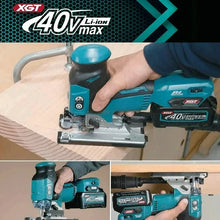 Makita 40V XGT battery lifestyle shot, saw using blue and black power tool