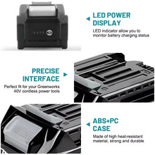 Makita 40V XGT battery pack detail shot, black and white specifications interface