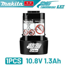 Makita 10.8V Li-ion battery detail view, black pack with 1.3Ah label