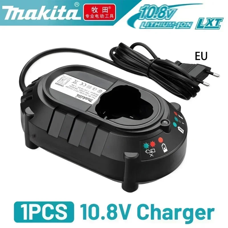 Makita 10.8V charger detail, black unit with power cord