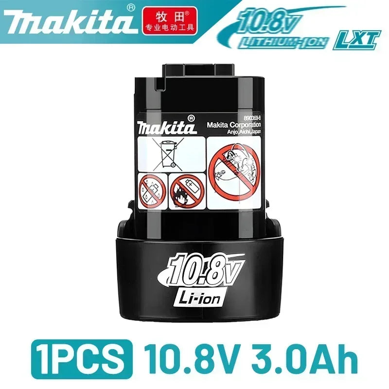Makita 10.8V Li-ion battery three-pack front view, black packs