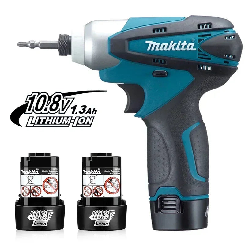Makita 10.8V battery replacement, front view of blue/black cordless impact driver