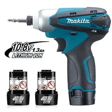 Makita 10.8V battery replacement, front view of blue/black cordless impact driver