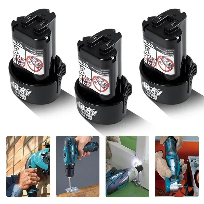 Makita 10.8V battery packs, lifestyle shot of three black packs with warning labels