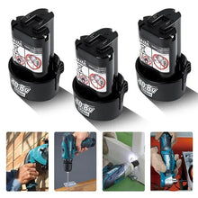 Makita 10.8V battery packs, lifestyle shot of three black packs with warning labels