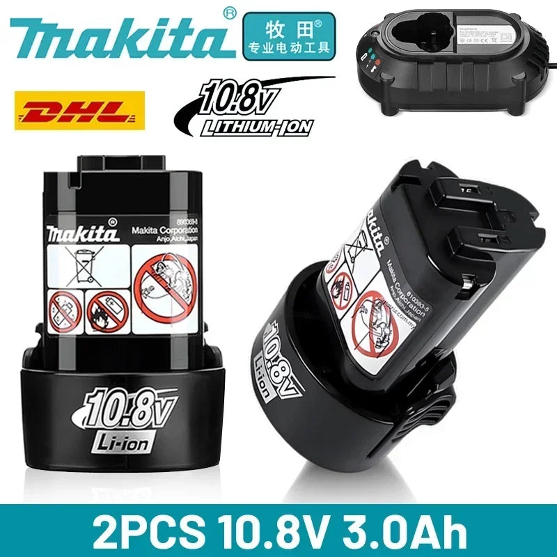 Makita 10.8V battery pack, front view of black pack with transparent casing