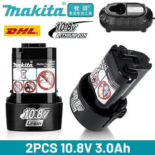 Makita 10.8V battery pack, front view of black pack with transparent casing