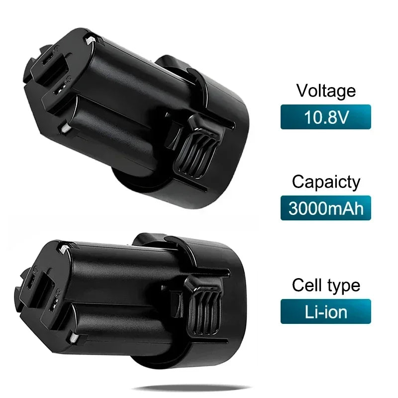 Makita 10.8V battery specifications, close-up detail with voltage and capacity