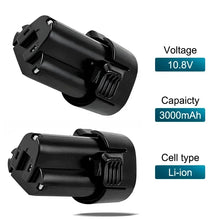 Makita 10.8V battery specifications, close-up detail with voltage and capacity