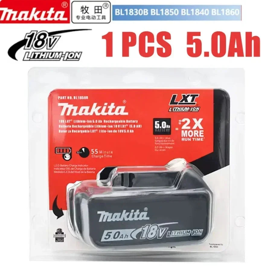 Makita 18V battery pack detail, black and blue with branding
