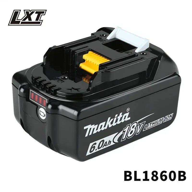 Makita 18V BL1860B battery detail close-up, black and yellow