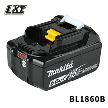 Makita 18V BL1860B battery detail close-up, black and yellow