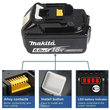 Makita 18V battery LED indicator detail, black and yellow