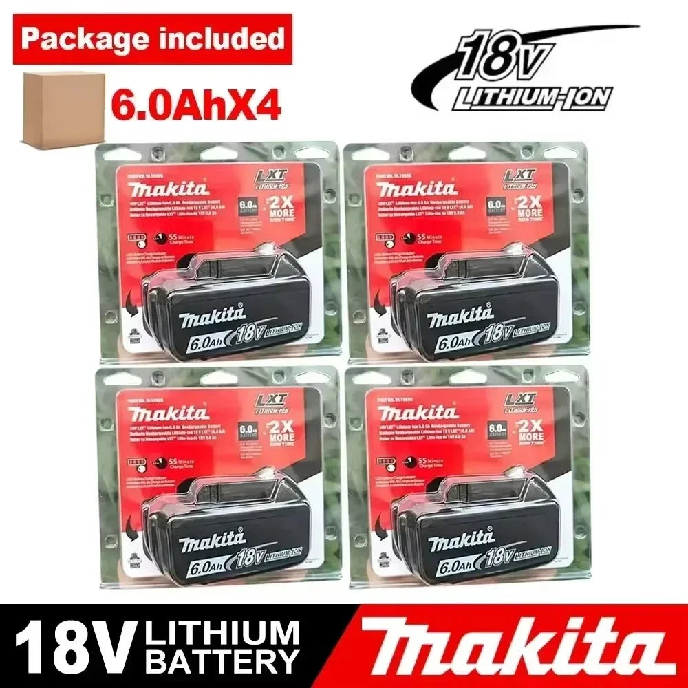 Makita 18V battery pack packaging, red black white, 4-pack lithium