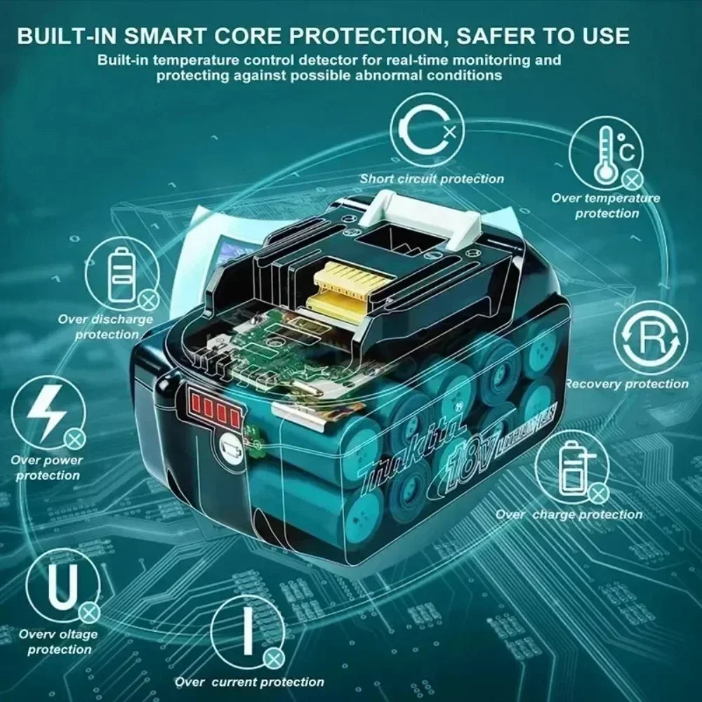 Makita 18V battery protection system smart load, black and blue