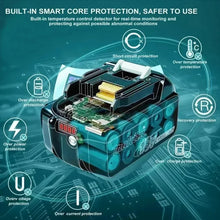 Makita 18V battery protection system smart load, black and blue