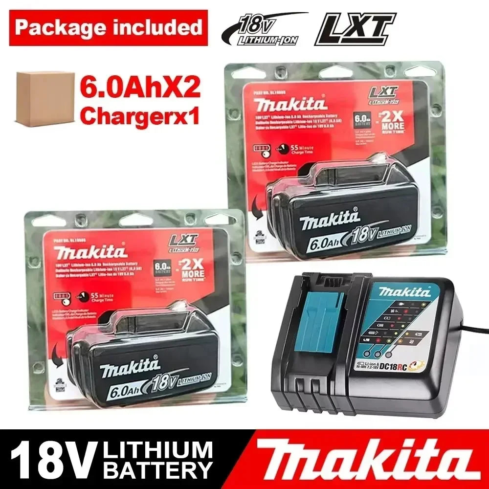 Makita 18V battery and charger packaging, red and black set