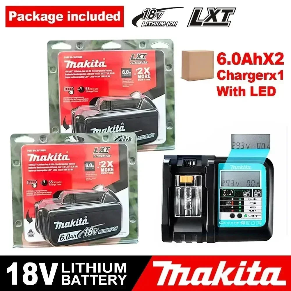 Makita 18V battery and charger packaging, red and black set