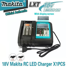 Makita 18V battery and charger packaging, red and black set