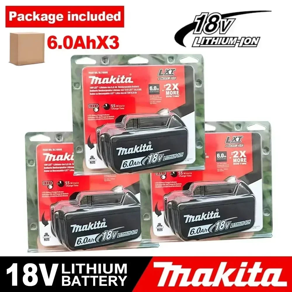 Makita 18V battery packaging, 3-pack lithium batteries in red and black