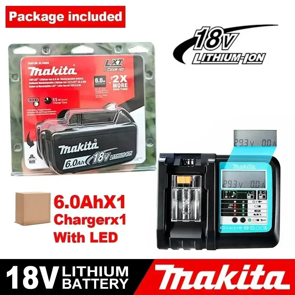 Makita battery charger packaging, LED feature in red and black