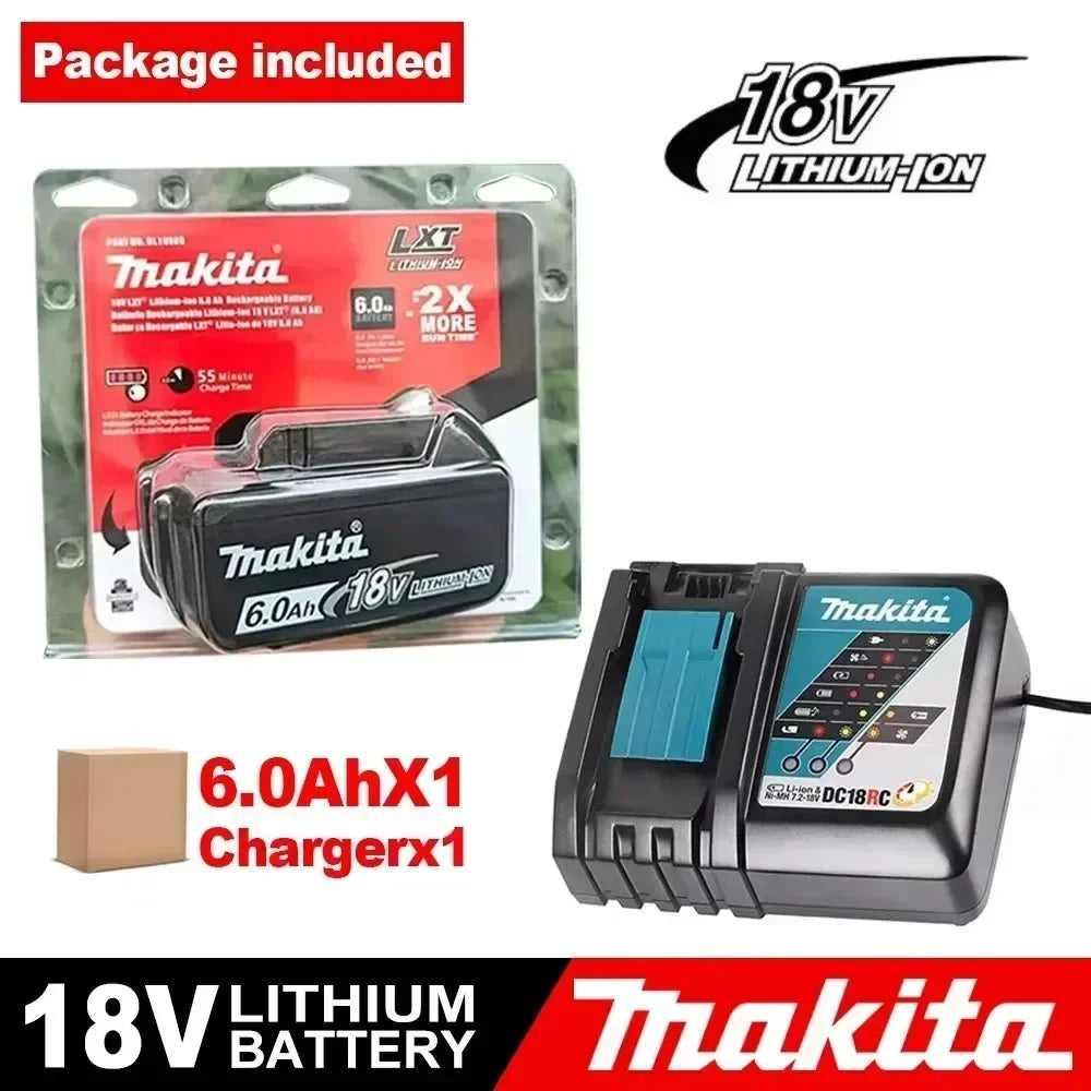Makita battery charger packaging, LED feature in black and blue