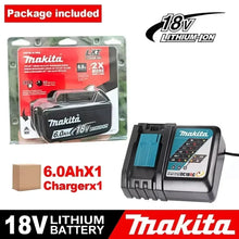Makita battery charger packaging, LED feature in black and blue