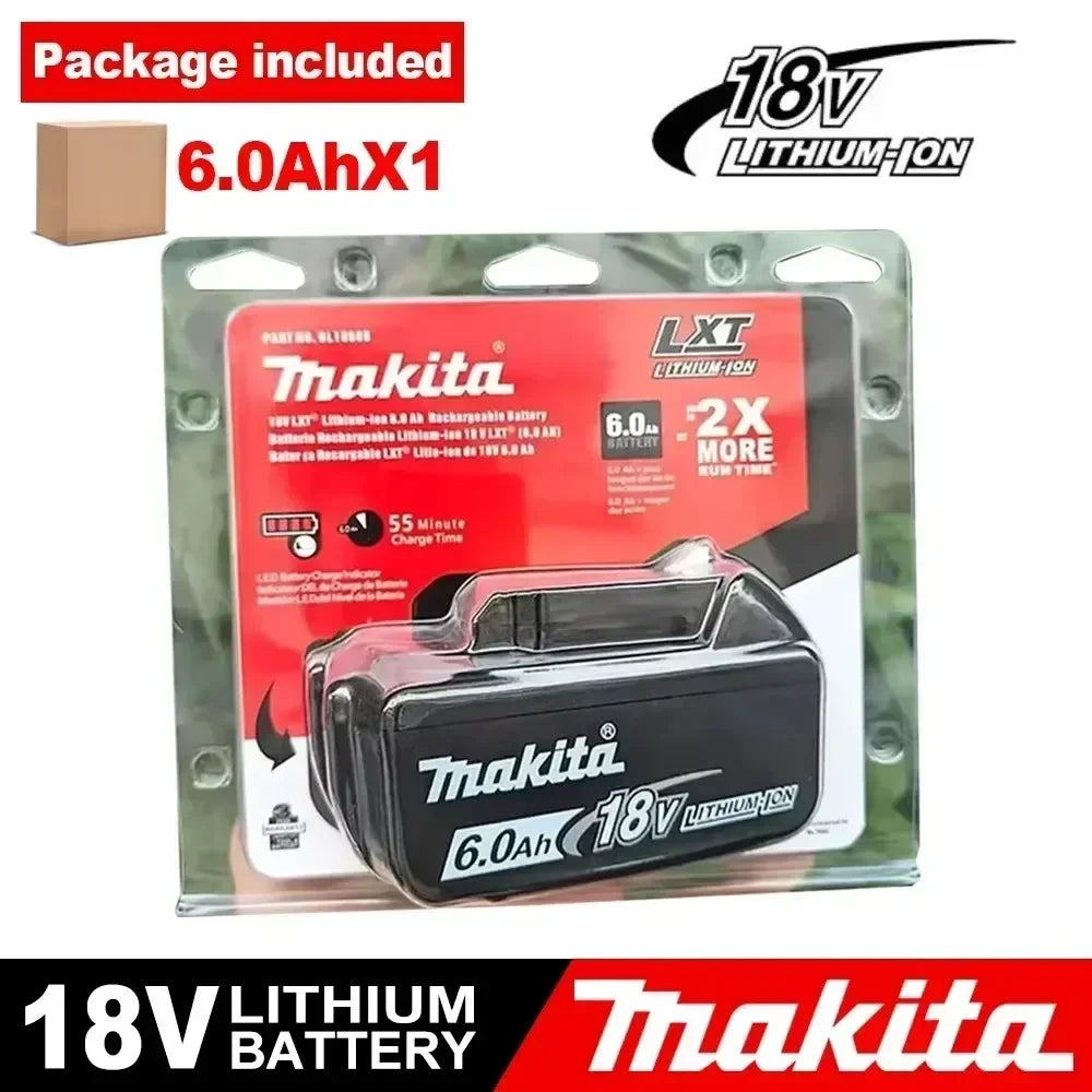 Makita 18V battery packaging, red and black lithium battery design