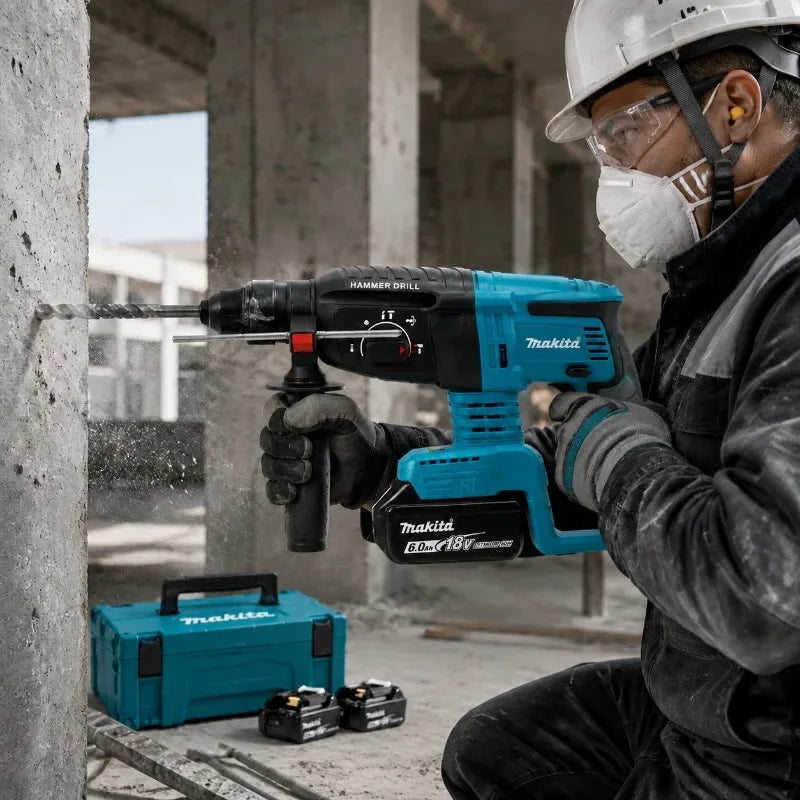 Makita DHR242 lifestyle shot, worker using the blue impact rotary hammer