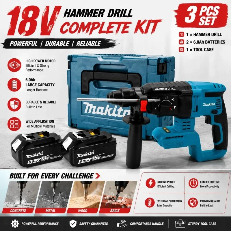 Makita DHR242 packaging, blue and black 18V impact rotary hammer kit