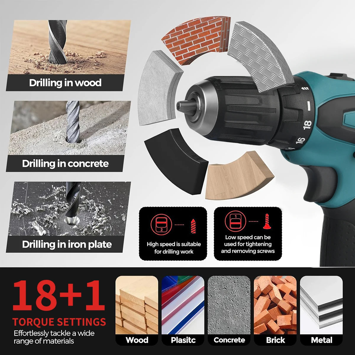 Makita DF330 drilling modes detail showing 18+1 torque settings
