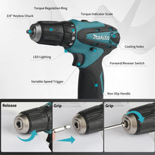 Makita DF330 feature close-up with safety lock and LED light