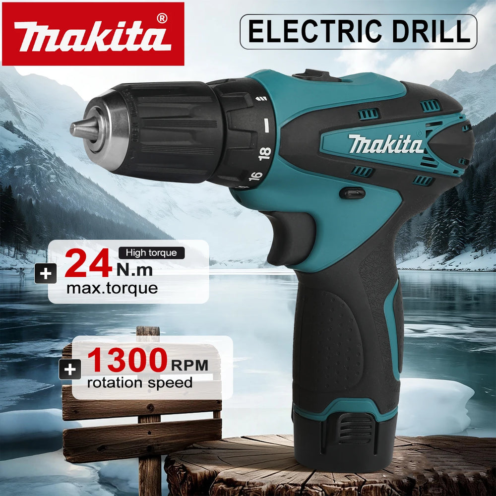 Makita DF330 cordless drill lifestyle shot, black and blue