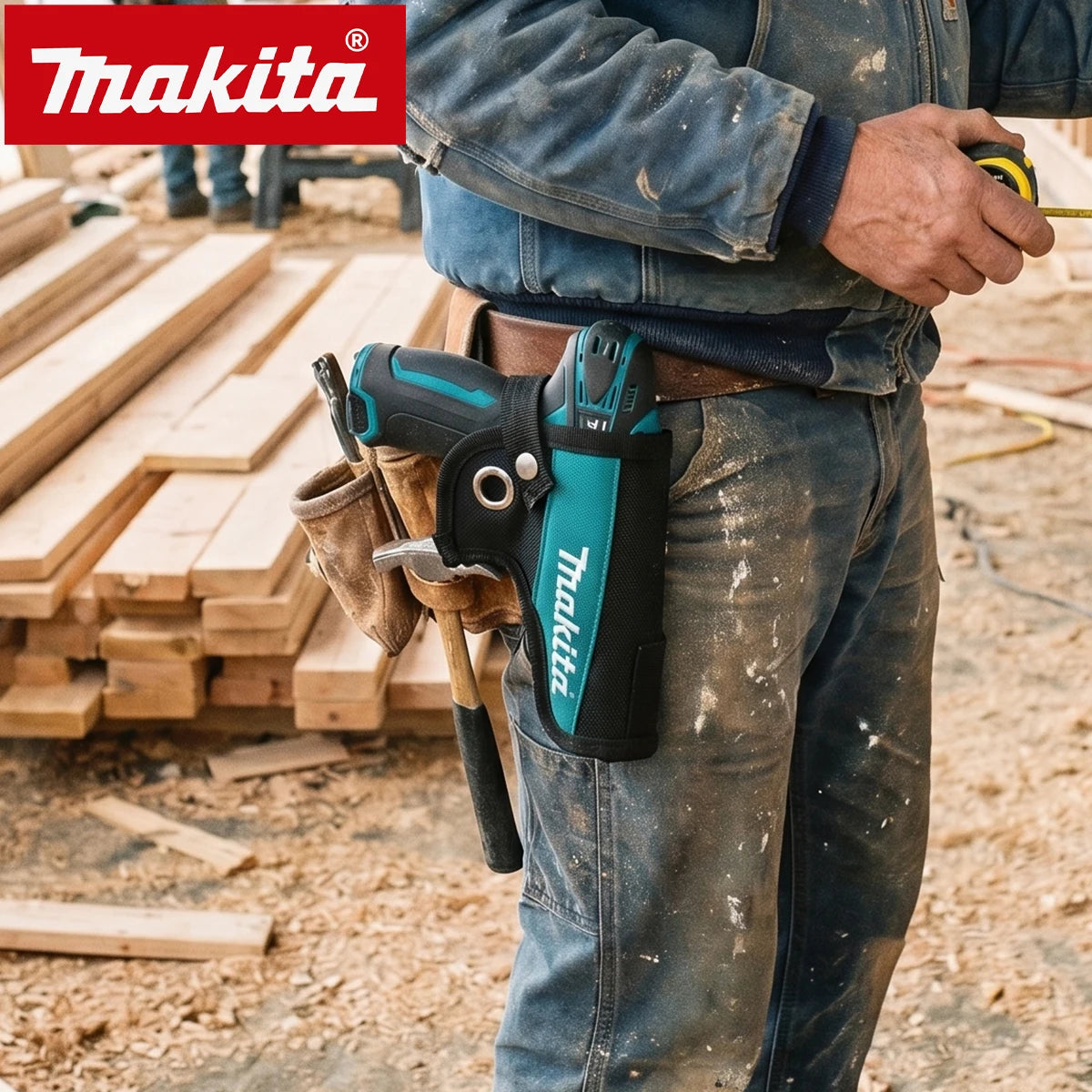 Makita DF330 handheld drill lifestyle on wooden background